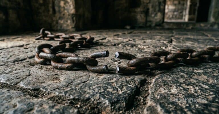 Broken iron chain lying on cracked stone floor — how does the Cross deal with the sin nature