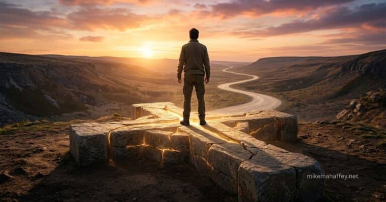 A minimalist graphic illustration of a person's silhouette standing on a flat, cross-shaped horizon, looking out into a serene dawn sky, illustrating the concept of standing on the work of the cross.