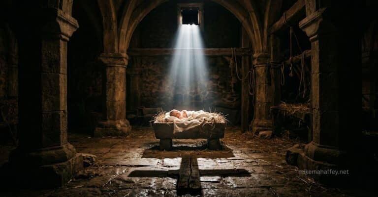 A cinematic shot of a baby in a stone manger illuminated by a beam of light, casting a prominent shadow of a wooden cross on the floor of a stone stable.