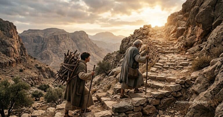 An elderly man and young man climbing a rocky mountain at dawn, the son carrying wood on his back — a scene from Genesis 22 pointing to the sacrifice of Christ.