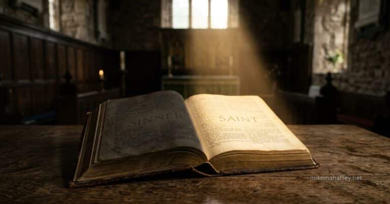 Open Bible with a beam of light falling on one page, illustrating the New Testament truth that believers in Christ are called saints, not sinners.