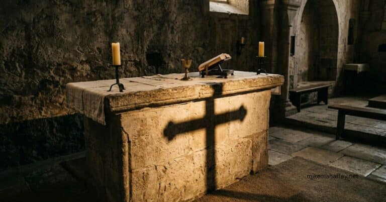 A stone altar in golden light with the shadow of a cross falling across it, representing the Levitical sacrifices as a shadow of the better sacrifice described in Hebrews.