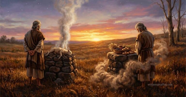 Two altars side by side — one with rising smoke from a blood offering and one with smoke falling from grain — illustrating the Cain and Abel offering and God's terms of approach.