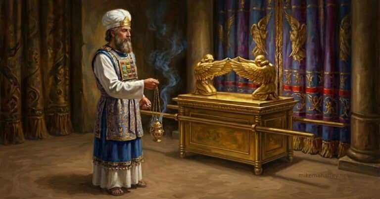 An illustration of a Jewish High Priest in sacred robes and a breastplate standing in the Holy of Holies, holding a gold censer of burning incense before the Ark of the Covenant.