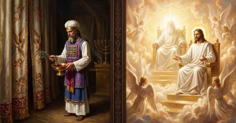 Old Testament high priest standing at the veil contrasted with Jesus Christ seated at the right hand of the Father, illustrating the eternal redemption accomplished through the blood of Jesus.