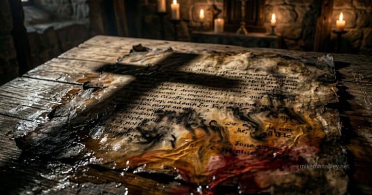 An aged parchment document being washed clean, representing the complete removal of sin through the forgiveness accomplished by the blood of Jesus at the Cross.