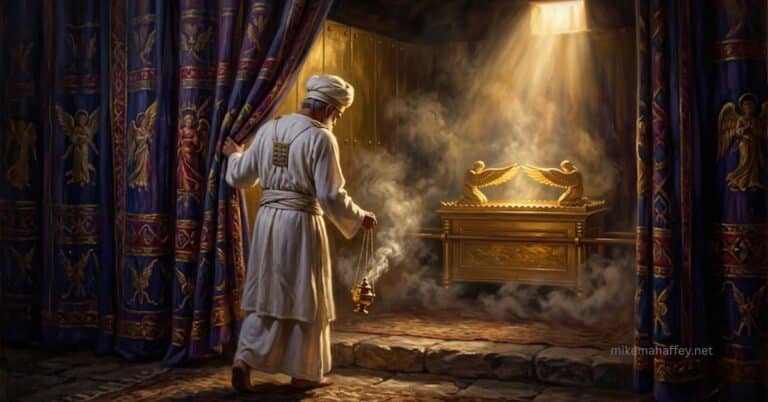 An ancient Israelite high priest in white linen entering the Holy of Holies, symbolizing the role of the high priest in the Old Testament as a type of Christ.