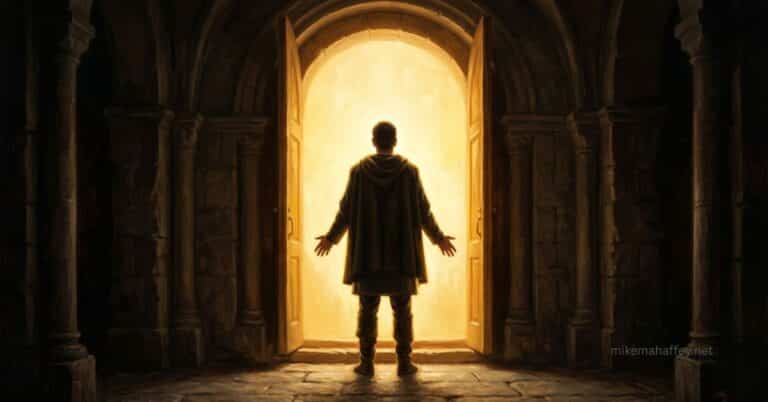 A lone figure stands before an open door of brilliant light, representing Jesus as the permanent mediator who intercedes before the Father on behalf of every believer.