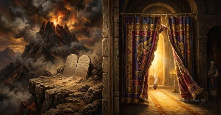 Stone tablets representing the Old Covenant on the left, torn temple curtain revealing golden light on the right — old covenant vs new covenant illustrated at the Cross.