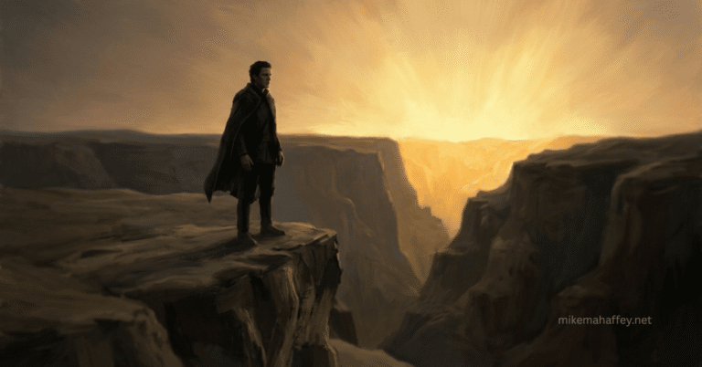 A solitary figure stands at the edge of an unbridgeable chasm, with golden light radiating on the far side, illustrating the gap between human sinfulness and the glory of God in Romans 3:23.