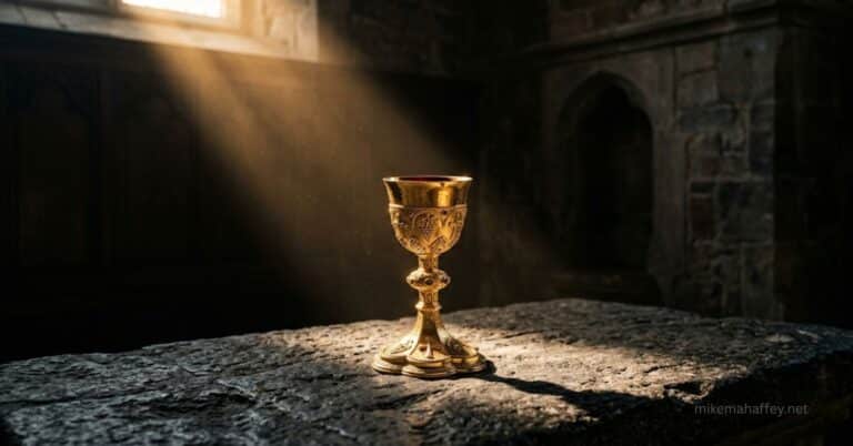 A golden cup resting on dark stone in a shaft of light, representing the blood of the new covenant ratified by Christ at the Last Supper.
