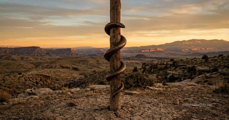 A bronze serpent coiled on a wooden pole standing in a desert wilderness, a typological image pointing to Christ lifted up on the Cross.