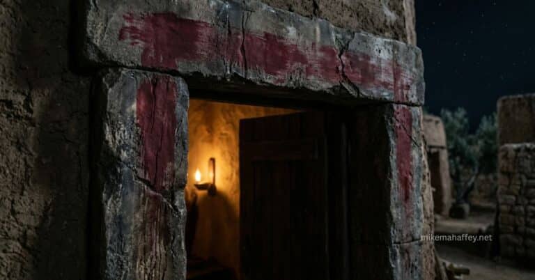 An ancient stone doorpost painted with blood on the night of Passover, representing the blood of Christ that protects the believer from judgment.