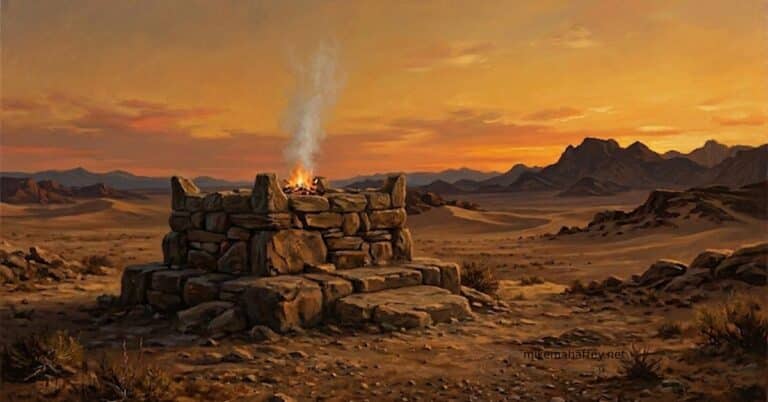 A stone altar with rising smoke in a desert landscape, representing the Old Testament sacrificial system and its connection to the Cross of Christ.