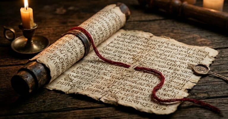 An ancient scroll with a scarlet thread woven through it from beginning to end, representing the unbroken line of substitutionary atonement running through every book of the Bible.