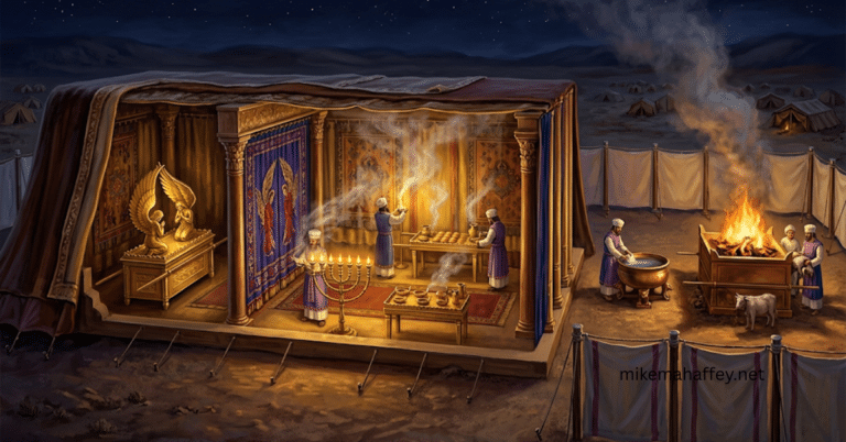 A cross-section illustration of the Tabernacle showing the Brazen Altar, Laver, Veil, and Ark of the Covenant — each piece pointing to the blood of Christ as the only way sinful man approaches a holy God.