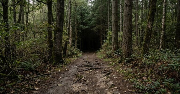 A forest path that begins clearly and disappears into deep shadow, representing the hidden depth of sin beyond visible behavior.