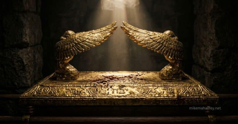 The blood-sprinkled mercy seat of the Ark of the Covenant bathed in divine light, representing the propitiation of Christ fulfilling what the Day of Atonement only pictured.