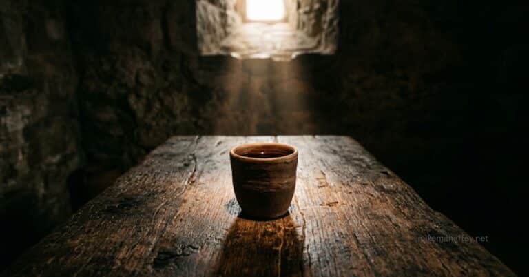A single cup on a wooden table in a shaft of light, representing the moment Jesus ratified the New Covenant in His blood at the Last Supper