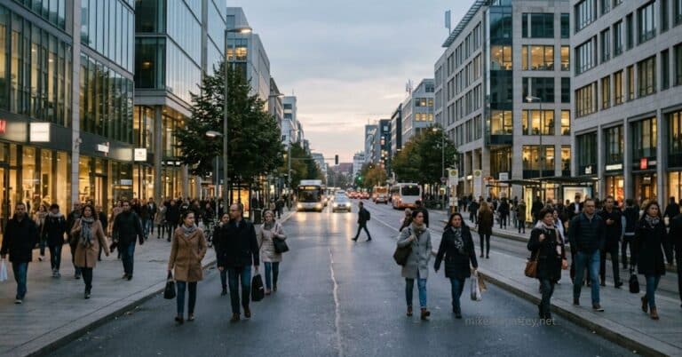 A crowd of people walking through a busy urban street lined with commercial buildings at dusk, illustrating the cultural world the Bible's diagnosis of sin speaks directly into.