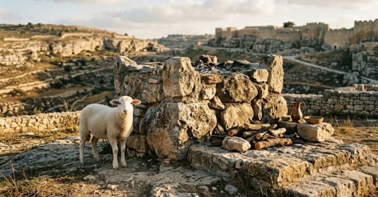 A white lamb standing beside a stone altar in warm light, representing the Passover typology fulfilled in Christ as the Lamb of God.