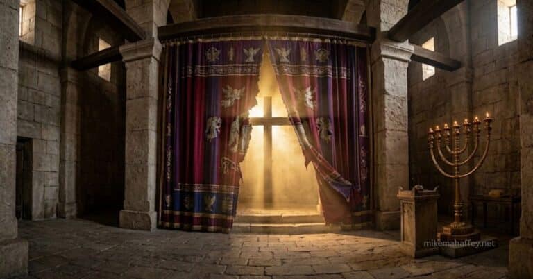 The temple veil torn in two from top to bottom, with a cross and golden light visible through the opening and a menorah standing to the right — illustrating access to God through the blood of Jesus as described in Hebrews 10:19.