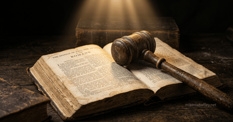 A wooden gavel resting on an open Bible in a shaft of light, representing the divine verdict of justification declared through the blood of Jesus.
