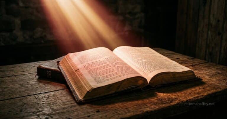 An open Bible illuminated by a single shaft of warm light with deep crimson tones, representing the truth that believers are sanctified by the blood of Jesus as taught in Hebrews.