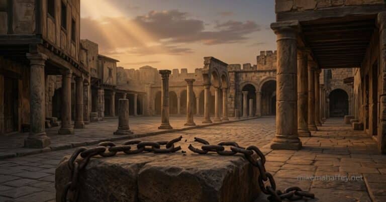 An ancient stone marketplace at dusk with broken iron chains resting on a stone block in the foreground, illustrating the freedom purchased for believers when Christ paid the price for sin at the Cross.