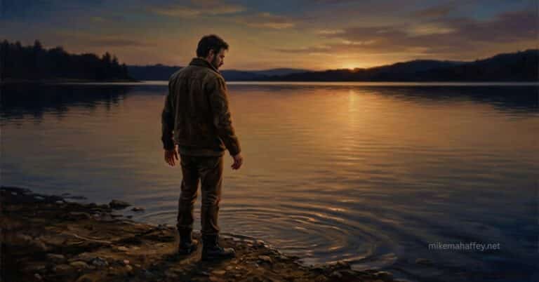A man stands at the rocky edge of a still lake at dusk, head bowed and hands at his sides, as golden sunset light reflects across the water toward him — a painterly image illustrating the security and rest found in what the blood of Jesus purchased.