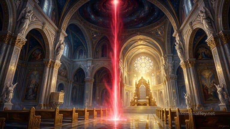 A heavenly throne room with crimson light rising upward, representing the blood of Jesus that still speaks before the Father today.