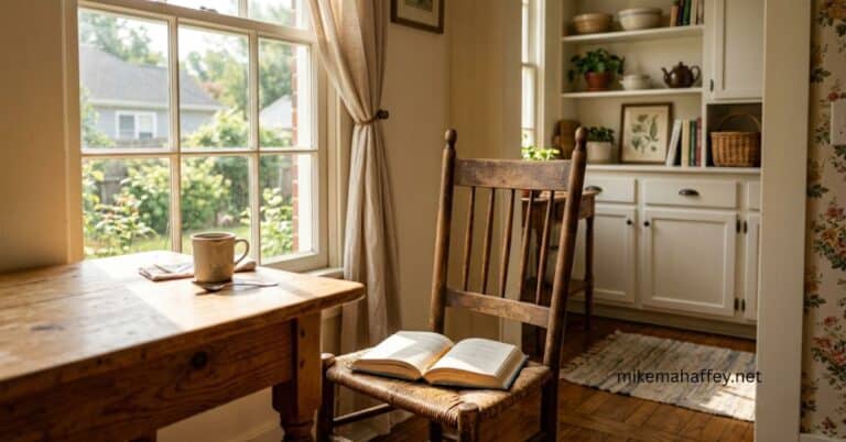 A worn wooden chair holds an open book in a sunlit kitchen nook beside a wooden table with a mug of coffee, picturing the quiet stillness where someone considers what the Holy Spirit at salvation has already done in them.