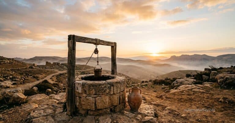 A stone well with a wooden pulley frame and clay jar stands on a hilltop at sunrise overlooking misty mountain valleys, picturing the visited presence of the Holy Spirit in the Old Testament before the Cross.