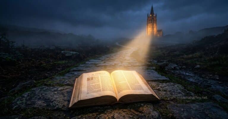 An open Bible resting on a stone path in a misty landscape, with a bright beam of light rising from its pages to illuminate a distant church tower under a dark sky.