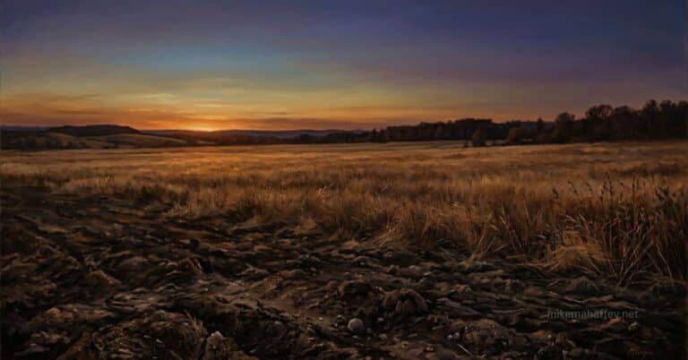 A painterly landscape of a wide field at dusk, dark plowed earth in the foreground giving way to golden dry grass catching the last amber light, the sky deepening from orange to violet at the horizon — evoking the solemnity of the blood cries out and what innocent blood has always meant before God.