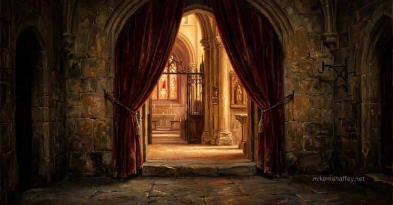 An open stone threshold with parted curtains and warm golden light beyond, representing the blood-purchased access to the Father in prayer through Jesus Christ.