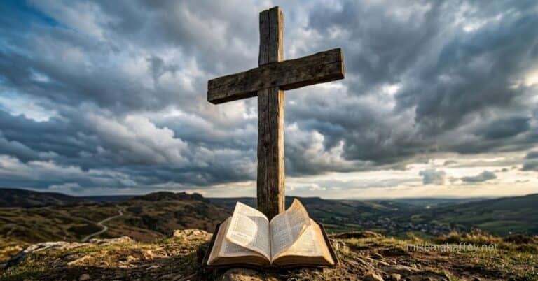 An open leather-bound Bible resting at the foot of an old wooden cross on a high peak, with rolling hills and storm clouds in the background.