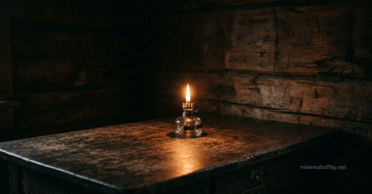 A small oil lamp flame burns steadily on a worn wooden table in a dark room, a quiet picture of the conviction that never goes out even in someone afraid they've crossed the line of blasphemy against the Holy Spirit.