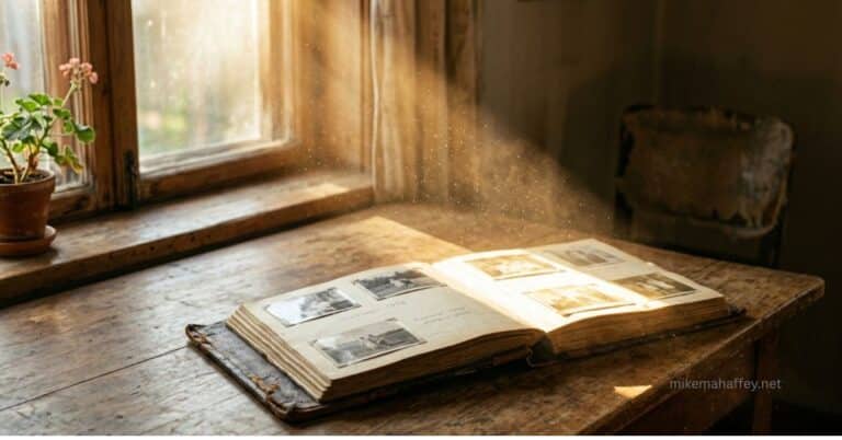 An open vintage family photo album rests on a wooden table as sunlight streams through dust in the air, picturing the past every reader brings to questions about the blood of Jesus and generational bondage.