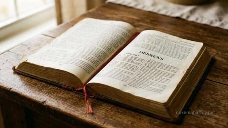 Open Bible turned to the book of Hebrews, representing the blood of Jesus and the conscience purged from dead works through Christ's sacrifice.