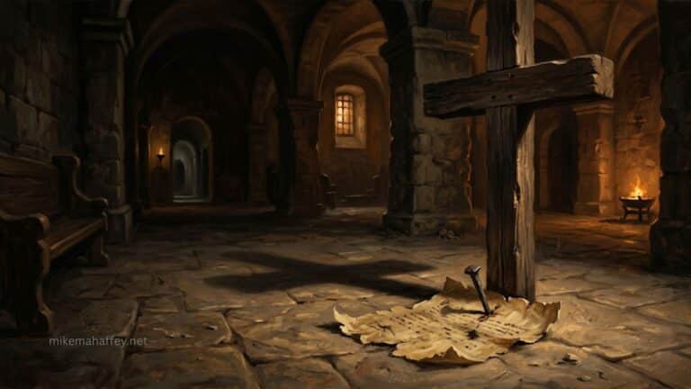 A wooden cross casting its shadow over a torn scroll on a stone floor, representing the handwriting of ordinances nailed to the cross and the legal ground of spiritual warfare removed by the blood of Jesus.