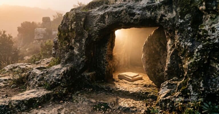 An empty rock-hewn tomb with the round stone rolled aside and a folded burial cloth resting in the morning light inside, the resurrection that keeps the blood of Jesus active before the Father.