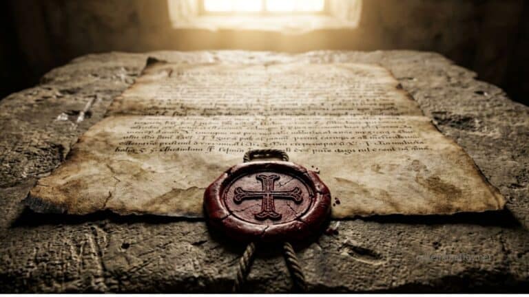 An ancient covenant document sealed in crimson, representing the blood of the everlasting covenant ratified by the death and resurrection of Jesus Christ.