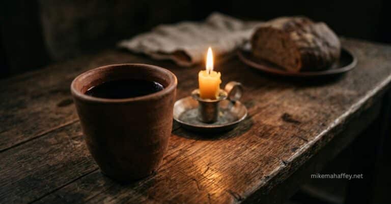 A clay cup of dark wine sits beside a lit candle and a loaf of bread on a worn wooden table, the cup itself recalling the blood of the new testament Jesus named at the Last Supper.