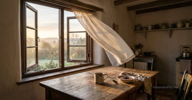 A sunlit farmhouse window stands open with a sheer curtain lifting in the breeze over a wooden kitchen table, a fitting image for what it means to be born of the Spirit.