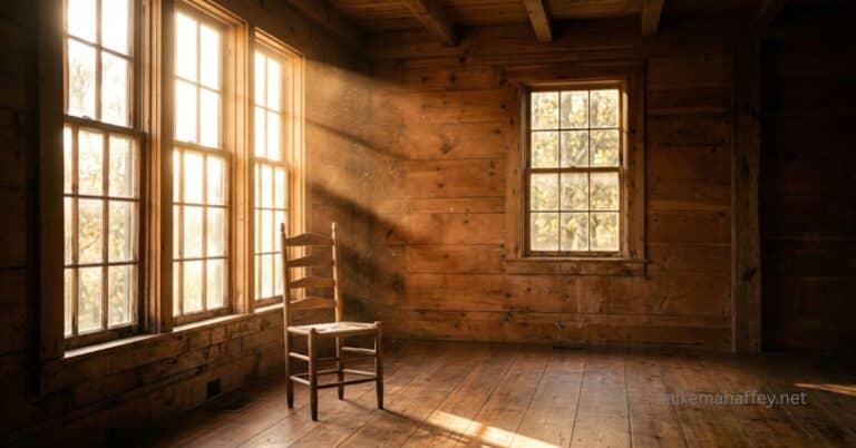 A wooden ladder-back chair sits empty in a sunlit, rustic room as golden light streams through tall windows — a quiet picture of the presence behind the question, is the Holy Spirit God.