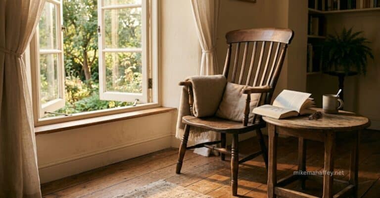 A wooden windsor chair with a knitted throw and pillow sits empty beside an open window and a small table holding an open book, glasses, and a mug, picturing the quiet, waiting presence at the center of is the holy spirit a person.