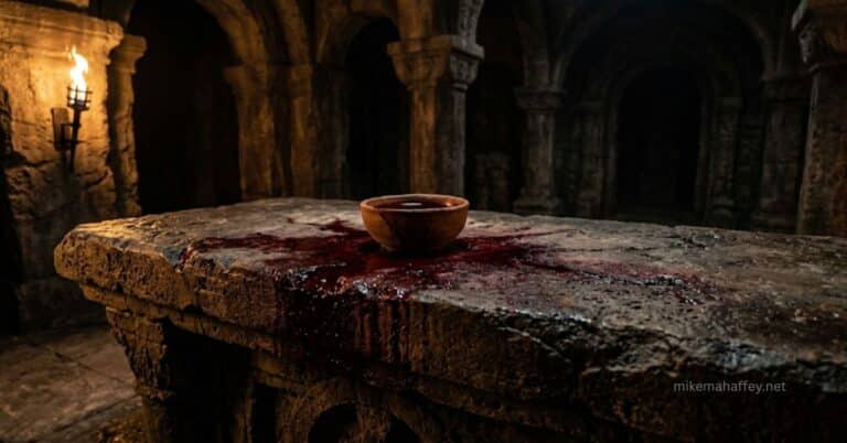 A stone altar in a dim ancient sanctuary with a clay vessel and dark crimson stain spreading across weathered stone, illustrating the literal blood sacrifice that grounds the atonement of Jesus Christ.