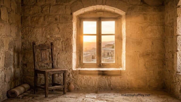 A wooden chair sits empty beside a stone window as golden sunlight pours into the room, picturing the nearness of the Holy Spirit who fills what physical presence leaves behind.