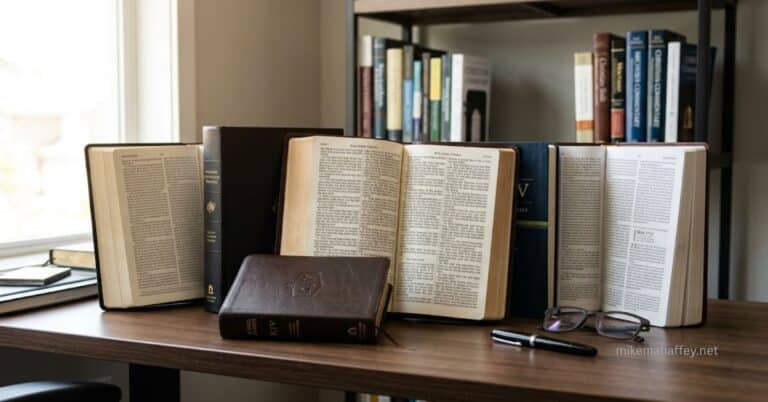 Multiple open and closed Bible versions, including the KJV and ESV, arranged side-by-side on a modern wooden desk for a KJV vs modern Bible translations comparison.
